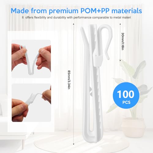 White 100 Pcs Plastic Curtain Hooks - Adjustable Pinch Pleat Shower & Window Hooks