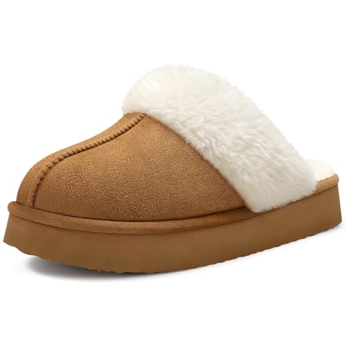 Fuzzy Memory Foam Slippers for Women Indoor Outdoor House Shoes - Platform Brown 8