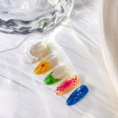 Glossy Almond Press On Nails French Tip Colorful Fake Nails Medium