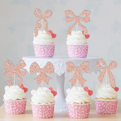 24 Pink Bowknot Cake Toppers - Wedding & Birthday Party Decor