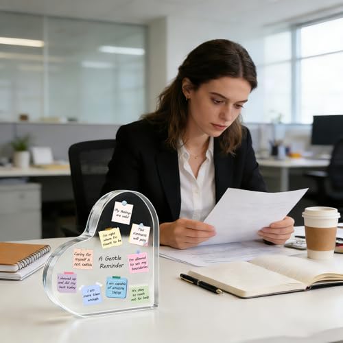 Feeldeal 3.9 Inch Heart-Shaped Inspirational Acrylic Desk Decor with Affirmations - Small Office Decor Gift for Women