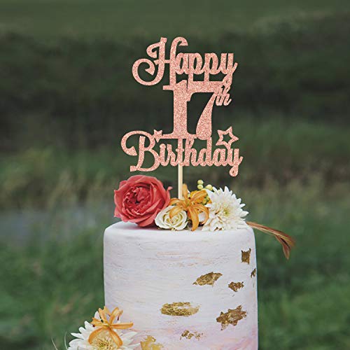 Happy 17th Birthday Cake Topper - Rose Gold Glitter Decoration
