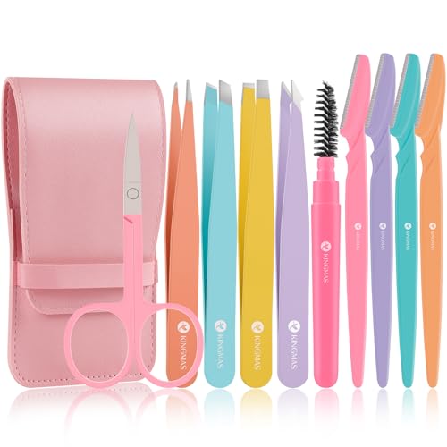 KINGMAS 10-Piece Eyebrow Tweezer, Scissor & Razor Grooming Kit with Case