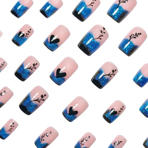 LYLYNB Blue Gradient French Tip Press on Nails Glossy Square Fake Nails with Heart Leaf Pattern