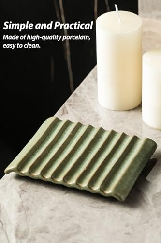 Zoeeker Ceramic Soap Dish - Wave Design, Self-Draining Holder in Green
