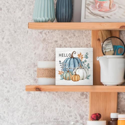 Rustic Blue Pumpkin Wooden Box Decor - 5x5 Autumn Home Accent