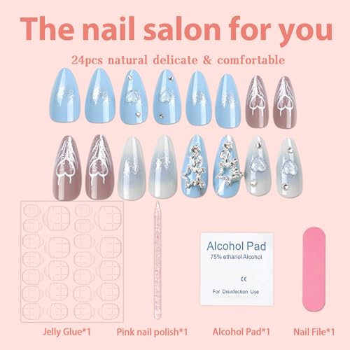 Blue Almond Press On Nails with 3D Stars and Heart Charms - 24 Pcs