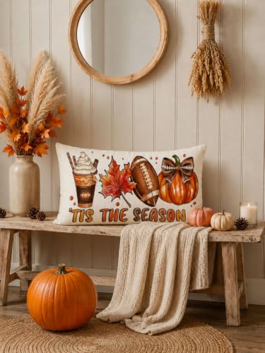 Fall Football Linen Lumbar Pillow Cover, 12x20 Farmhouse Autumn Decor