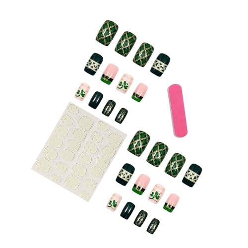 Green Press on Nails Medium Square Fake Nails with Gold Glitter 24pcs