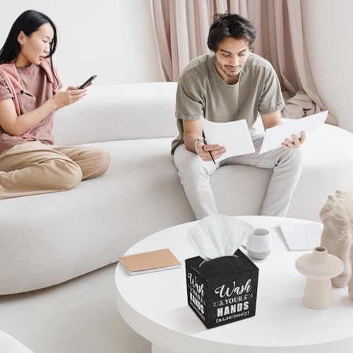 Wash Your Hands Leather Tissue Box Cover - Square Tissue Holder for Bathroom