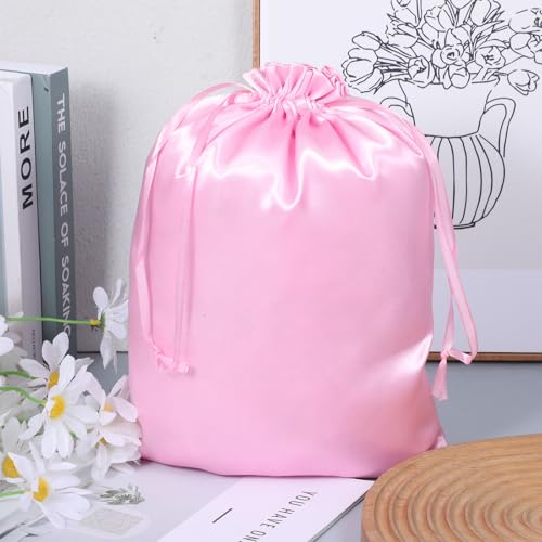 Aysatogc Satin Wig Bags with Drawstring - 35x25cm Pink Hair Storage Pouches (6-Pack)