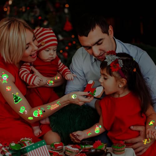 CHAWONER Luminous Christmas Temporary Tattoos for Kids, 120 Pcs Glow in the Dark Party Favors