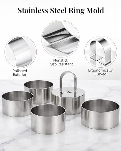 3-Inch Stainless Steel Egg & Food Ring Molds with Pusher for Baking & Plating
