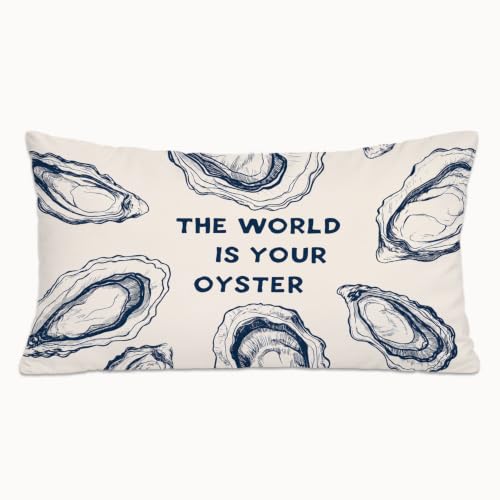 The World Is Your Oyster Coastal Lumbar Pillow Cover - Blue 12x20 Inch