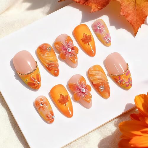 Fall Press on Nails Medium Almond French Tip 3D Flower Fake Nails