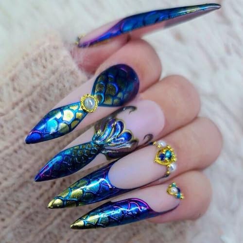 FIEONCIY Glossy Almond Press on Nails French False Fingernails with Charms