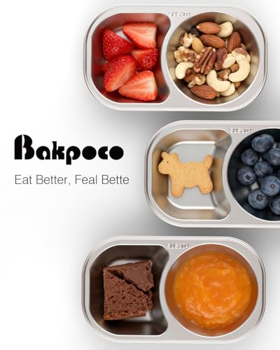Bakpoco Stainless Steel Toddler Plates, 2-Divider Divided Kids Dish, 8.6"x5"