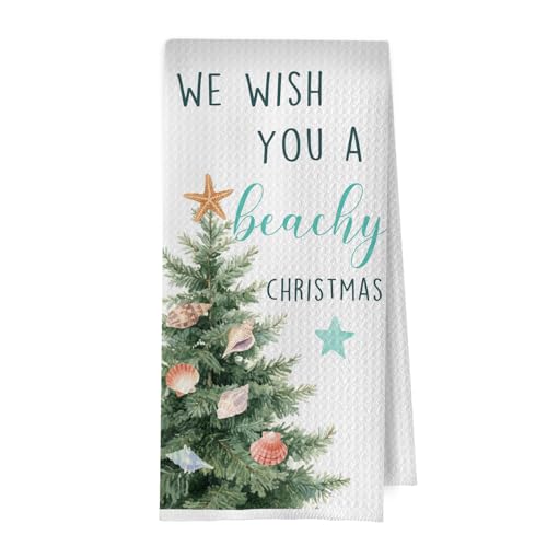 Ocean Christmas Tree Towels - Beachy Holiday Waffle Dish Towels, 16x24 Inch