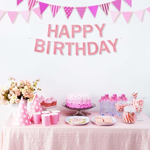 Pink Happy Birthday Banner with Ribbon - Glitter Party Decoration