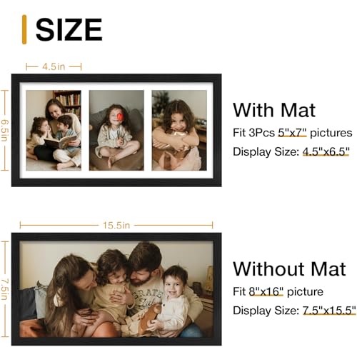 Black 3-Photo Collage Frame for 5x7 Pictures - 8x16 Wall Decor
