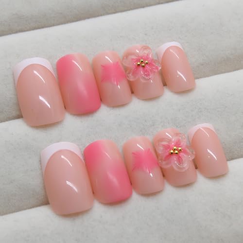 Jremg White French Tip Press on Nails Medium Square with 3D Flowers 24Pcs