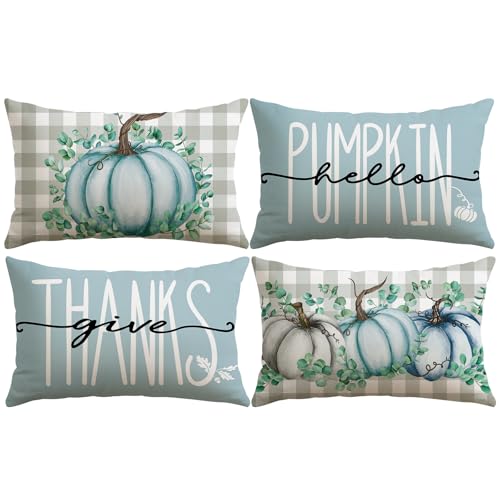 Fall Decorative Pillow Covers 12x20 Inch Set of 4 - Light Blue Pumpkin Design