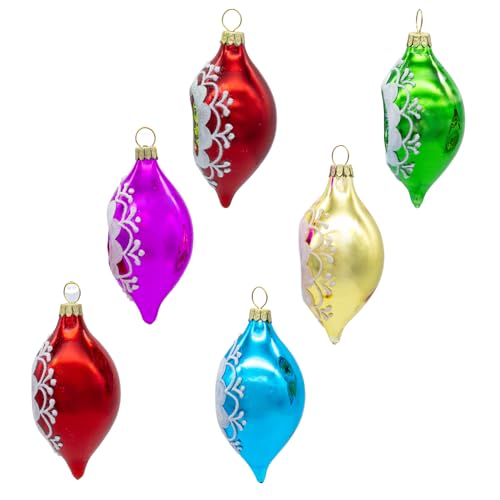 Set of 6 Multicolor Glass Holiday Ornaments with White Glitter - 88mm