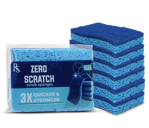 RSLIFE Dual-Sided Blue Scrub Sponges - Pack of 6 for Kitchen & Bath