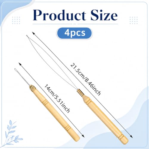 4Pcs Hair Extension Loop Tool Kit with Wooden Handle Threading Needles