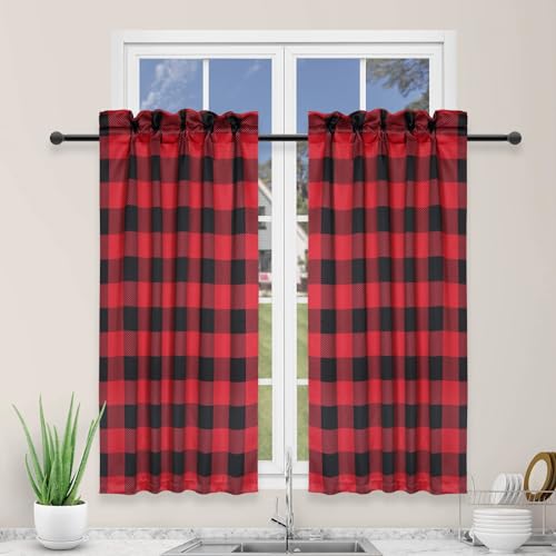 Simple Deluxe 2 PCS Buffalo Check Kitchen Tier Curtains, Plaid Gingham Short Curtain for Half Cafe Windows, 26" W x 36" L, Black&Red
