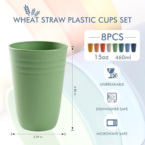 HOTEC 15oz Reusable Plastic Cups, Unbreakable Multicolor Tumbler Set of 8