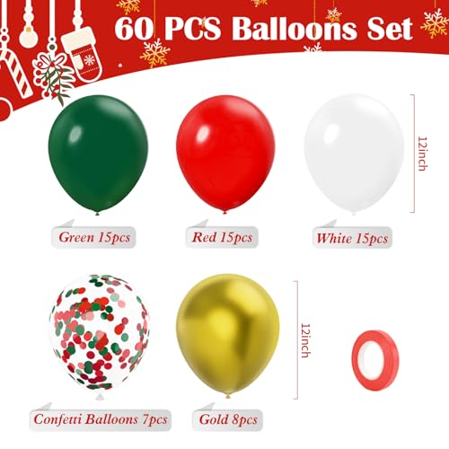 Red Green White Gold Balloons Set - 60 pcs Latex Christmas Party Decorations with Confetti