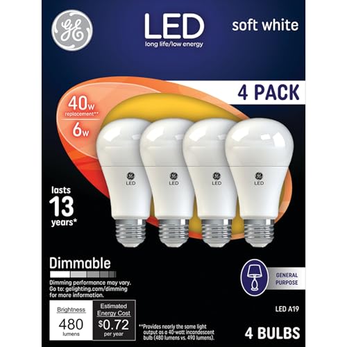 GE 40W Equivalent LED Light Bulbs A19 Soft White 4 Pack, Dimmable, Long-Lasting