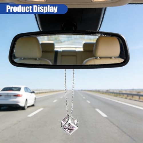 Rhinestone Cube Rear View Mirror Charm with Chain - Pink