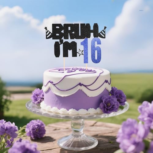 Bruh I'm 16 Birthday Cake Topper, Glitter Black and Blue 16th Decor