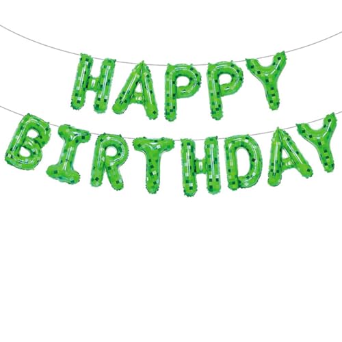 Green Pixel Happy Birthday Banner Foil Balloons Set