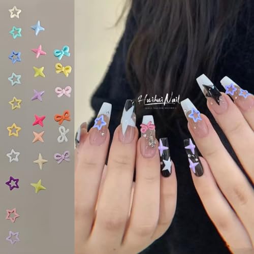 KWOLYKIM 180Pcs Colorful Bow & Star Nail Art Charms 3D Resin Rhinestones