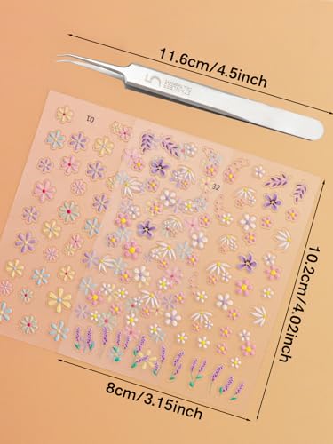 EBANKU 5D Embossed Flower Nail Stickers with Tweezers Spring Floral Decals