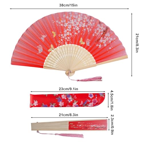 Jmkcoz 2-Pack Handheld Folding Fans - Silk Bamboo Floral with Tassel (Black & Red)