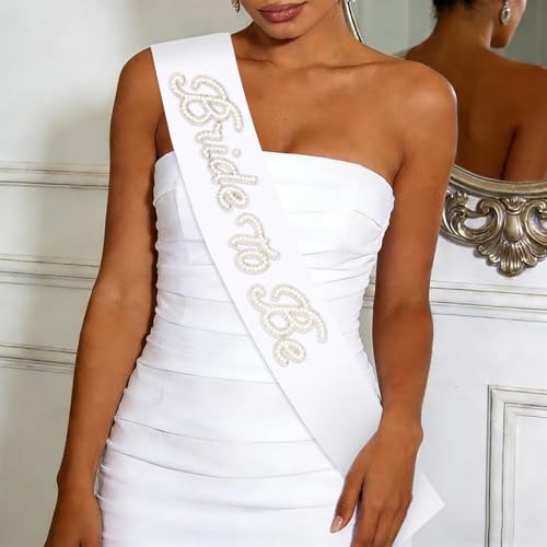 YISSION Bride to Be Sash - Pearl Embellished White Bridal Sash