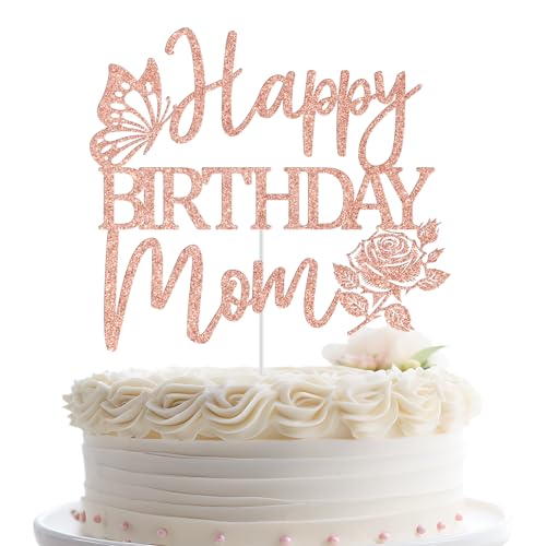 Happy Birthday Mom Cake Topper - Rose Gold Glitter Decoration