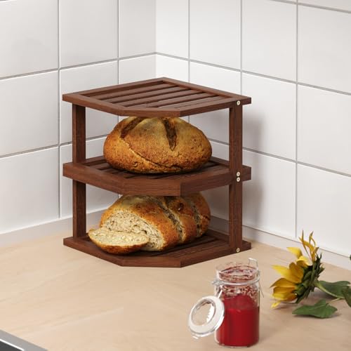 VERTORGAN 2 Tier Bamboo Plate Organizer - Brown Corner Shelf