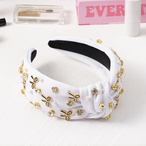 PANTIDE Rhinestone Jeweled Knotted Headband with Black Bow - White