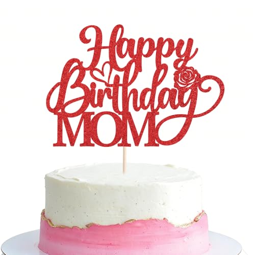 Red Glitter Happy Birthday Mom Cake Topper - Mother's Day Decor