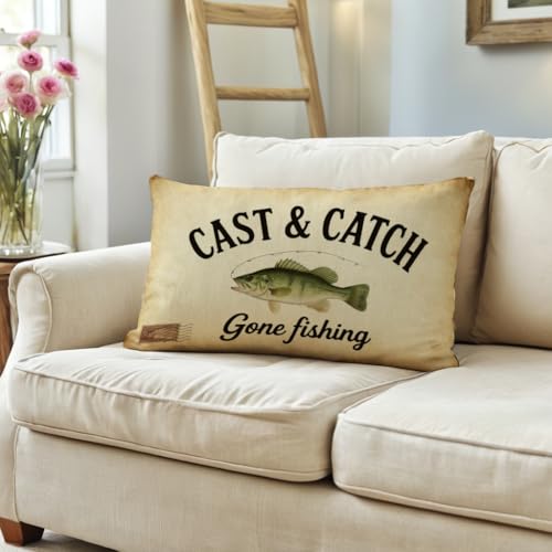 Fishing Themed Lumbar Pillow Cover, 12x20 Inch Bass Throw Case, Grayish Green