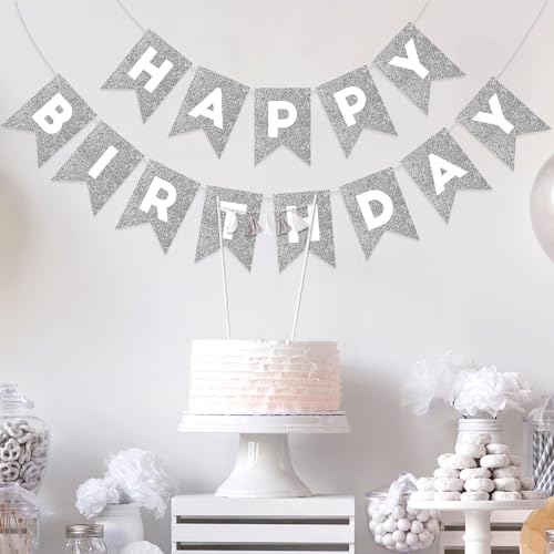 Silver Happy Birthday Banner for All Ages - Party Decoration Garland