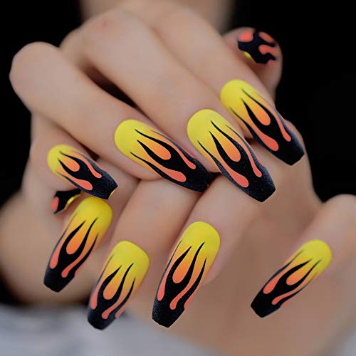 Elevenail Matte Coffin Press on Nails - Halloween Fire Pattern False Nails