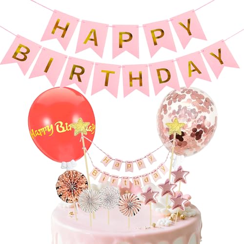 13-Piece Pink Happy Birthday Cake Topper Set with Stars and Balloons