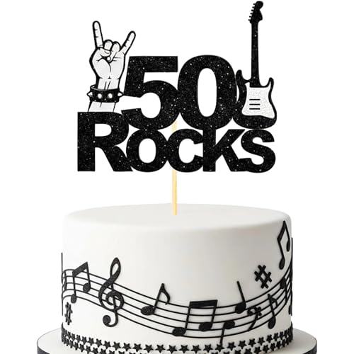 50th Birthday Cake Topper - Black Glitter Rock Guitar Decor