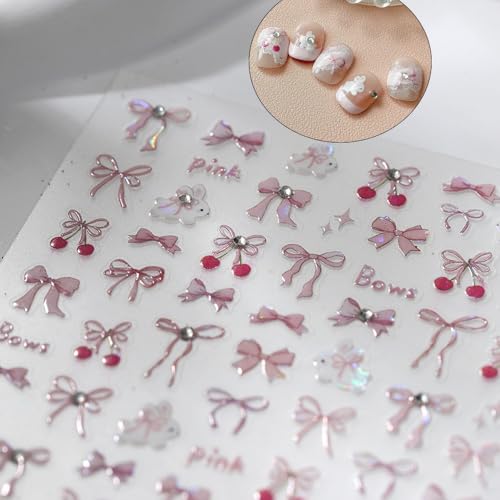 Cherry Nail Stickers 5D Embossed Summer Bow Nail Art Decals